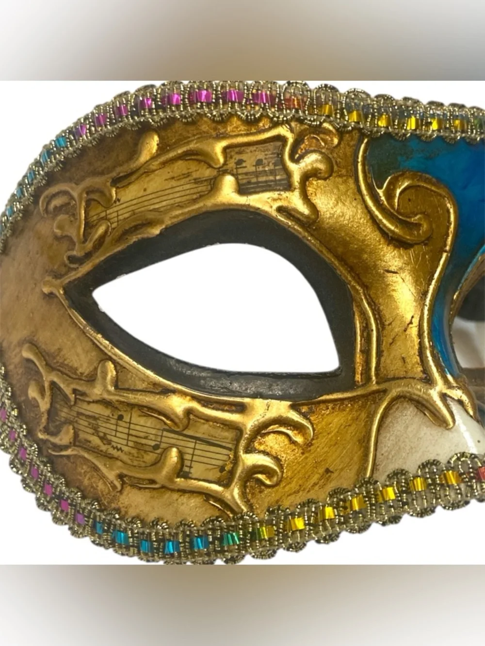 Vintage Venetian Half Face Mask Blue & Gold Hand Painted Italy Musical Notes